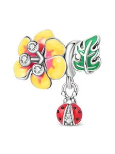 Flower & Ladybug Charm Bead, Plated 925 Sterling Silver Enamel Dangle Charm, Fits European Bracelets for Women, Elegant Jewelry Accessory