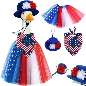 4th of July Porch Goose Outfit 3PC Patriotic Costume Hat Flag Bandana Tutu Skirt for 23Inch Porch Goose Home Decor Housewarming Gift Porch Goose Clothes Courtyard Goose Outfits