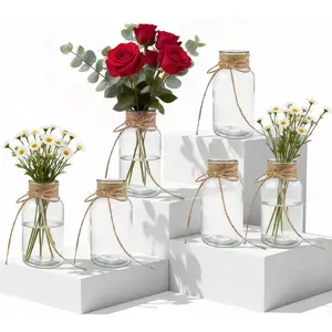 Vintage Glass Flower Vase,with Hemp Rope,6PCS Transparent Glass Flower Vases,for Weddings, Parties & Reception Table Decorations, Home Decor, Floral Arrangements(Transparent, 6 pcs)