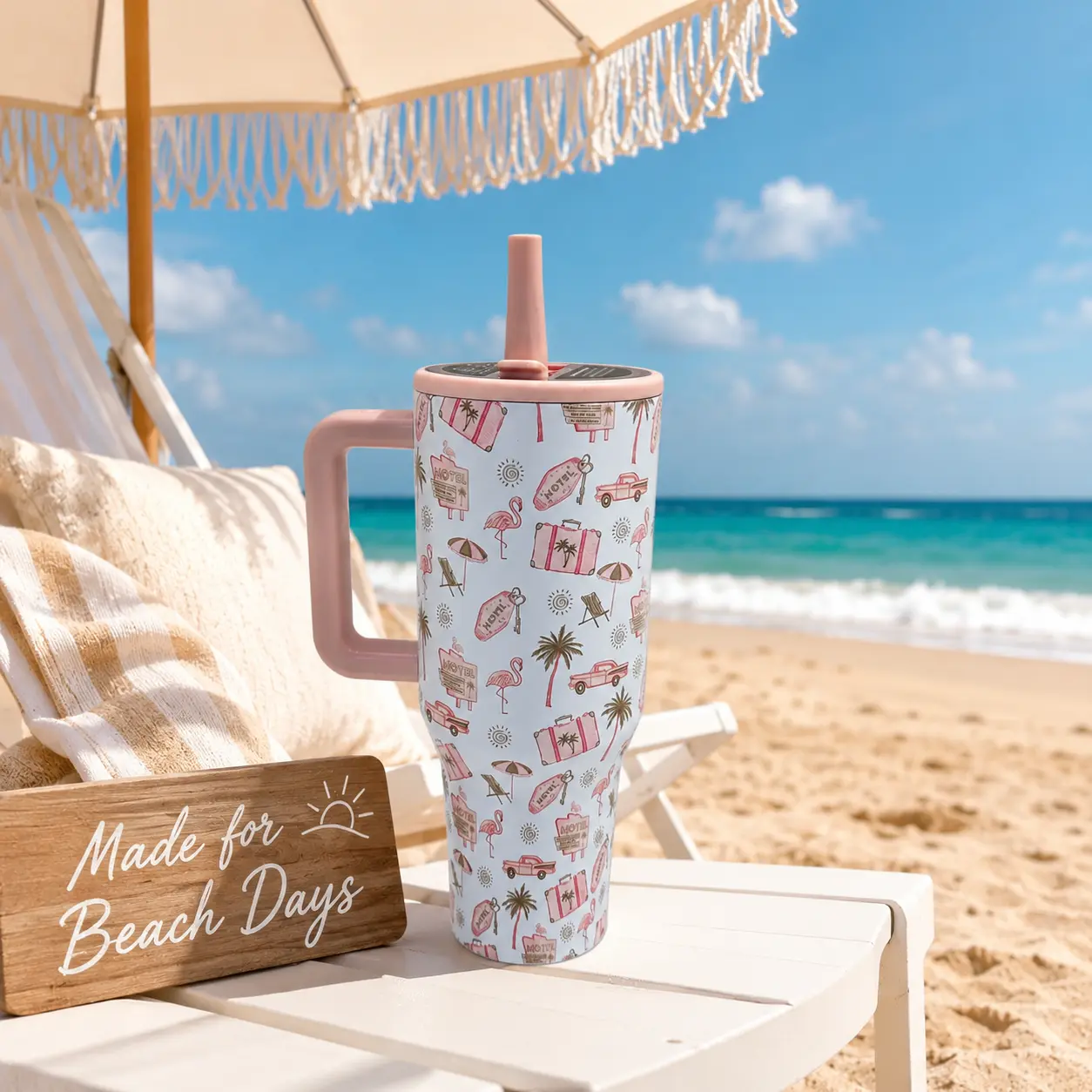 HydroJug Traveler 40 oz insulated tumbler with handle and straw, pink Palm Springs stainless steel travel mug, leakproof cup holder–friendly water bottle, double-wall vacuum insulation, BPA free