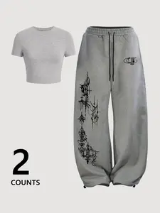 Y2K Women's 2-Piece Set, Slim-Fitting Light Short Sleeve Top and Gothic Print Sweatpants, Perfect Casual Summer Street Style