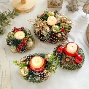 Christmas Candlesticks Christmas Candlestick Simulation Wreath Lamp Holder Ornament Vintage Wood Glass Candlestick Dried Flower Aromatherapy Candlestick
