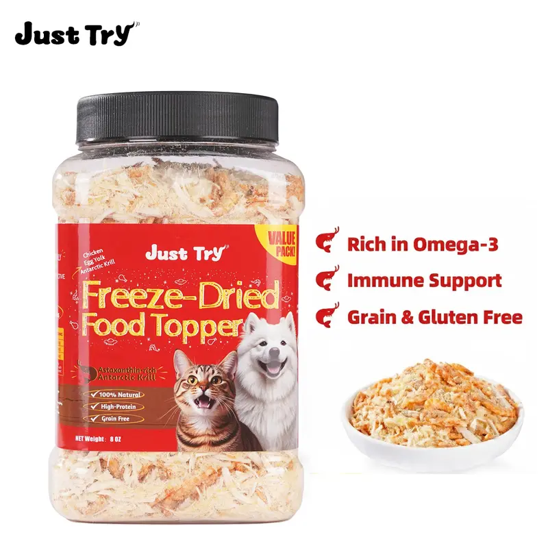 Just Try Freeze-Dried Food Topper for Puppies and Adult Dog & Cat - Made with Real Chicken, Egg Yolk and Antarctic Krill, All Natural, Grain Free - 8 OZ