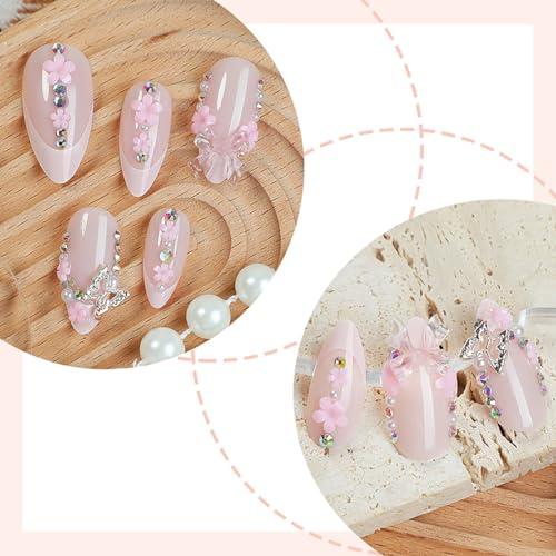 24 Pcs French Tip Press on Nails Medium Almond Fake Nails with 3D Flower Butterfly Pearl Diamond Designs Bow Charms False Nails Stick on Nails Full Cover Glossy Artificial Nails for Women