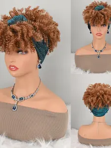 Light Curly Wig with Glitter Headwrap, Synthetic Hair, Easy Wear Turban Style, Medium Length, All Seasons