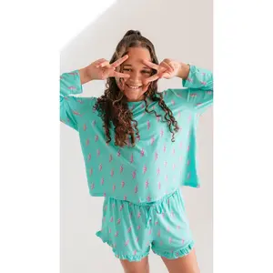 Girl's Long Sleeve and Ruffle Shorts Set in Neon Bolts