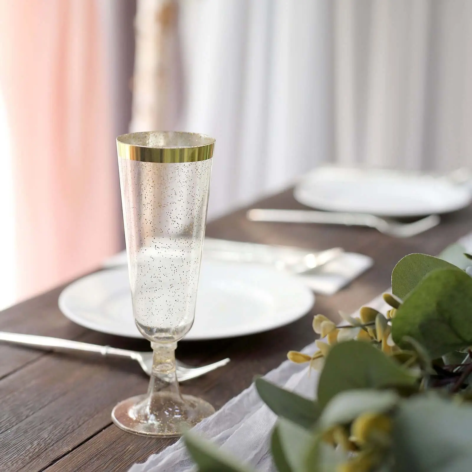 12-Pack Plastic Champagne Flutes Clear Gold Glittered with Gold Rim - Stylish Disposable Cocktail Glasses for Parties 6oz 6"