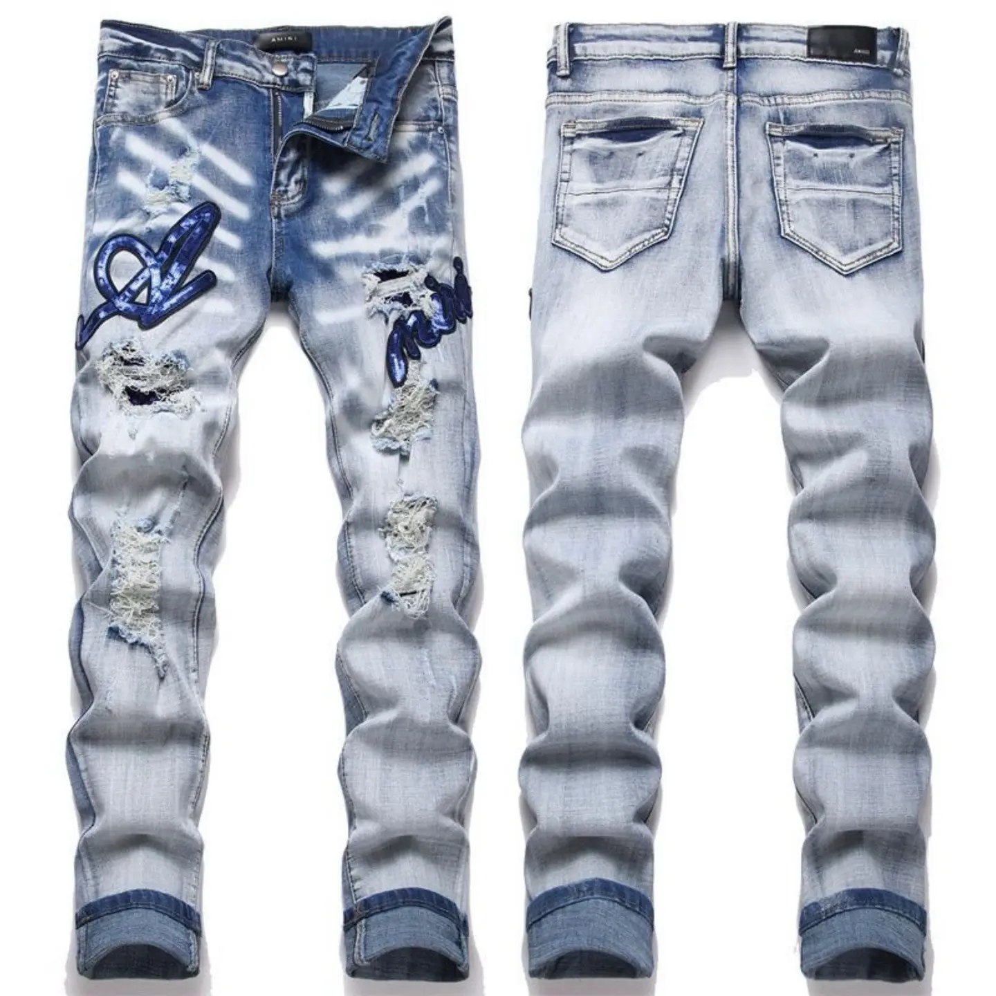 YYK Brand: Street-Style Distressed, Skinny-Fit Stretch Jeans-Featuring Patches, Embroidery, and a Vintage Denim Aesthetic-Showcasing Casual and Fitness-Inspired Styling YYK Brand: Street-Style Distressed, Skinny-Fit Stretch Jeans-Featuring Patches, Embroidery, and a Vintage Denim Aesthetic-Showcasing Casual and Fitness-Inspired Styling