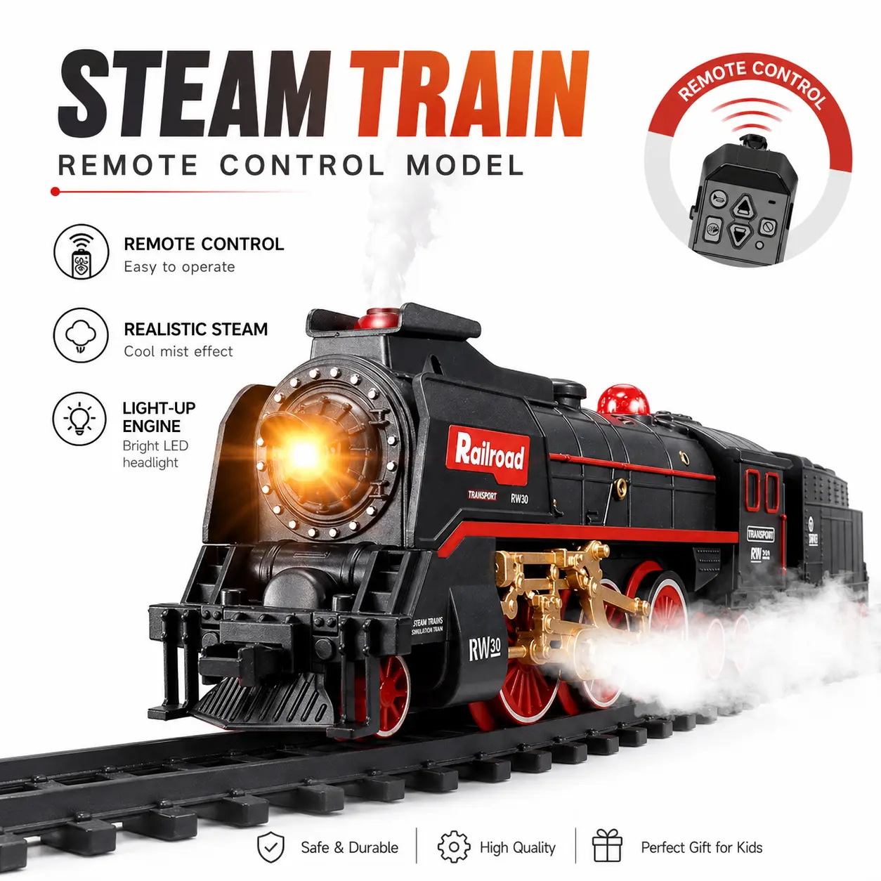 Remote Control Christmas Train Set with Steam Mist, Lights & Sound Effects, Electric Classic Toy Railway Set for Kids, Gifts & Holiday Decor