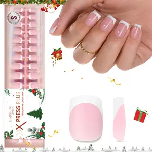 Beetles French Tip Christmas Press On Nails Pink Press On Nails 4 in 1 Nail Tips, Pre-Applied Primer & Base Coat, No File Need DIY Manicure for Fall Nails Extension Christmas Gifts for Women