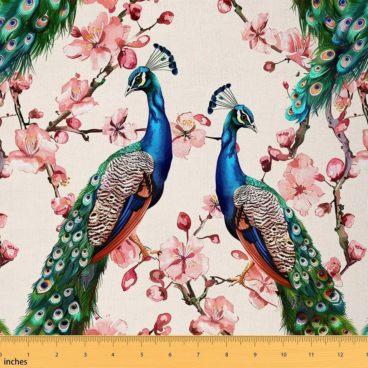 Peacock Print Fabric Tropical Wild Animal Fabric Soft Flannel Polyester No Stretch Japanese Cherry Blossoms Fabric Soft Flannel Polyester No Stretch