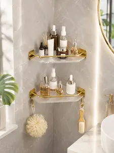 No Drill Gold Triangular Shower Caddy, Double Layer Acrylic Corner Bathroom Shelf, Rust Resistant Self-Adhesive Storage Rack, Space Saving Organizer for Small Bathrooms