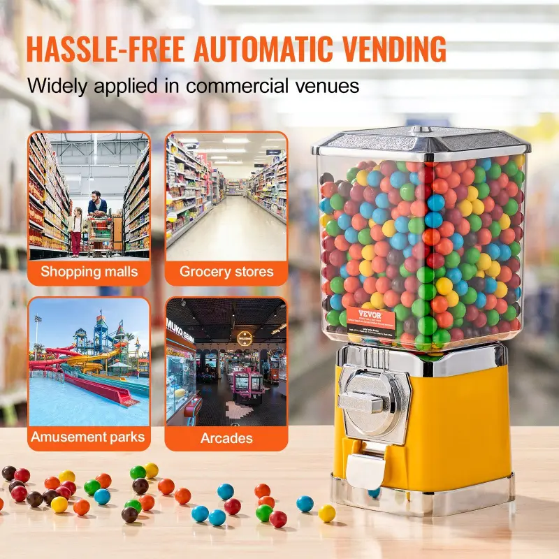 VEVOR 17-in High-Capacity Gumball Machine Vending Coin Bank, Vintage PC Yellow Candy Dispenser with Coins Compatibility, Secure Design, Exit Chute Baffle, Removable & Adjustable Turntables, 25-Cent Transactions, Piggy Bank Decor, Party Prize Machine