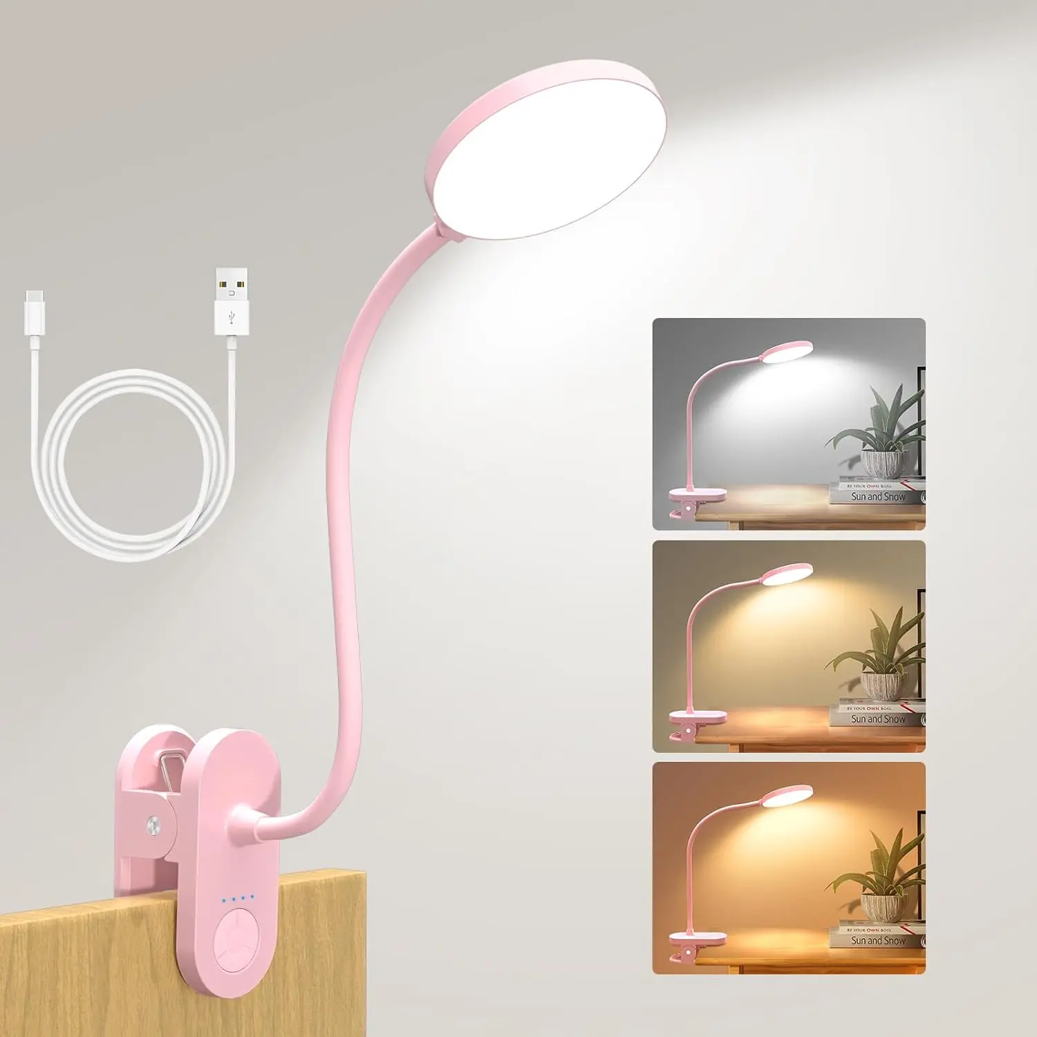 Rechargeable LED Desk Lamp with Clamp, Portable Clip on Light with 3 Color & 10 Brightness, Cordless Desk Light for Makeup Home Office Book Reading Crafting Sewing Drawing Knitting Puzzle (Pink/4.7'')| 10 Brightness Levels, Clamp Lamp with USB-C,