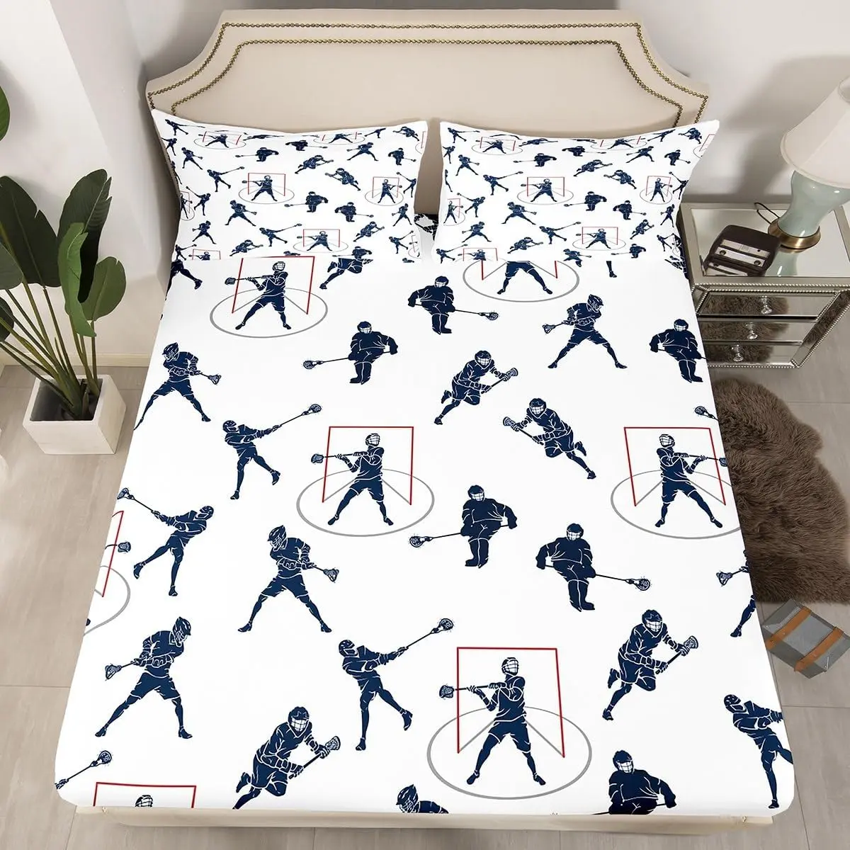 Feelyou Sports Theme Graphic Print Fitted Mattress Sheet Set - Elastic-Fit Microfiber, Machine Washable Bed Linens for Lacrosse Players, Decor Supplies (Multiple Sizes Available)