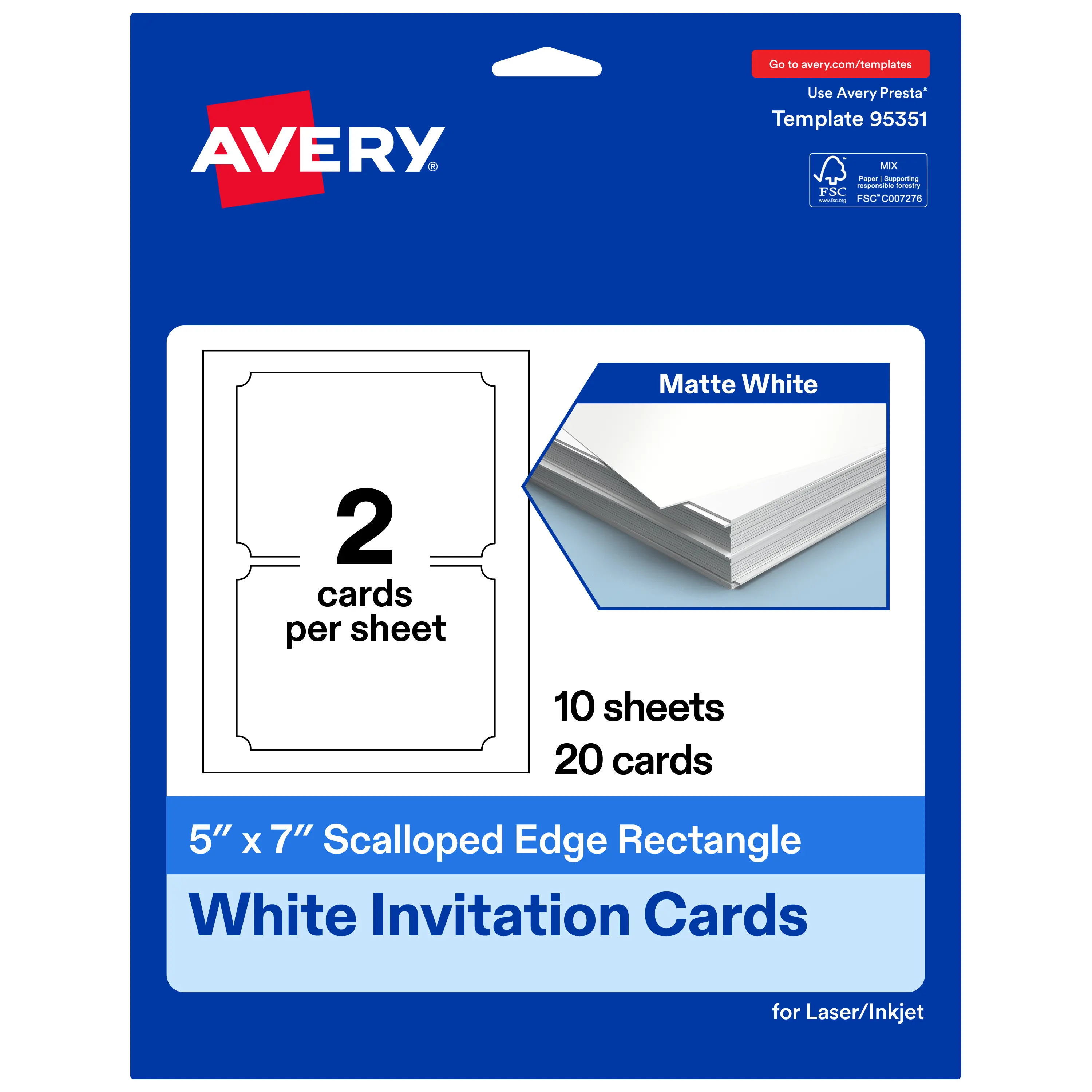 Avery Matte White Invitation Cards, 5" x 7" Rectangle Scalloped Edge