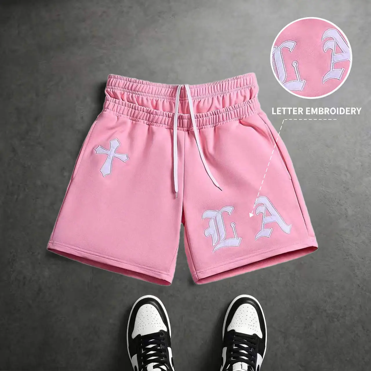 Men’s Gothic style Los Angeles letter embroidery athletic shorts, street style training shorts with drawstring elastic waistband, hip hop shorts, suitable for everyday and streetwear wear, 100% polyester material