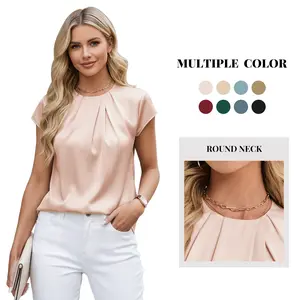 Women's Silk Blouse Summer Dressy Casual Cap Sleeve Shirts Crewneck Front Pleated Office Work Tops in Multiple Colors #Springfresh