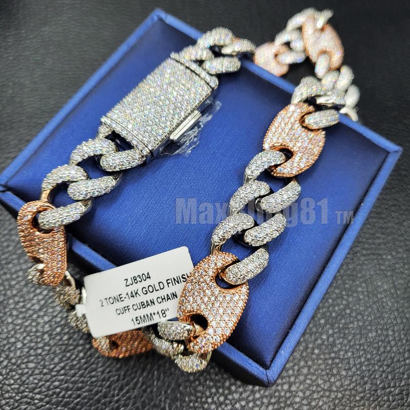 MaxBling81 Unisex Men Women AAA+ SIMULATED DIAMOND 15mm 18" CUFF CUBAN BRASS HIP HOP CHAIN NECKLACE SILVER / ROSE GOLD FINISHED