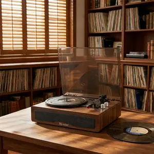 Myvision Vintage Wood Rechargeable 3-Speed (33-1/3,45,78 RPM) Bluetooth Portable Turntable with Stereo Speakers, RCA Line Out, AUX In, Headphone Jack, 7/10/12-Inch Record Compatibility, Bedroom Accessory