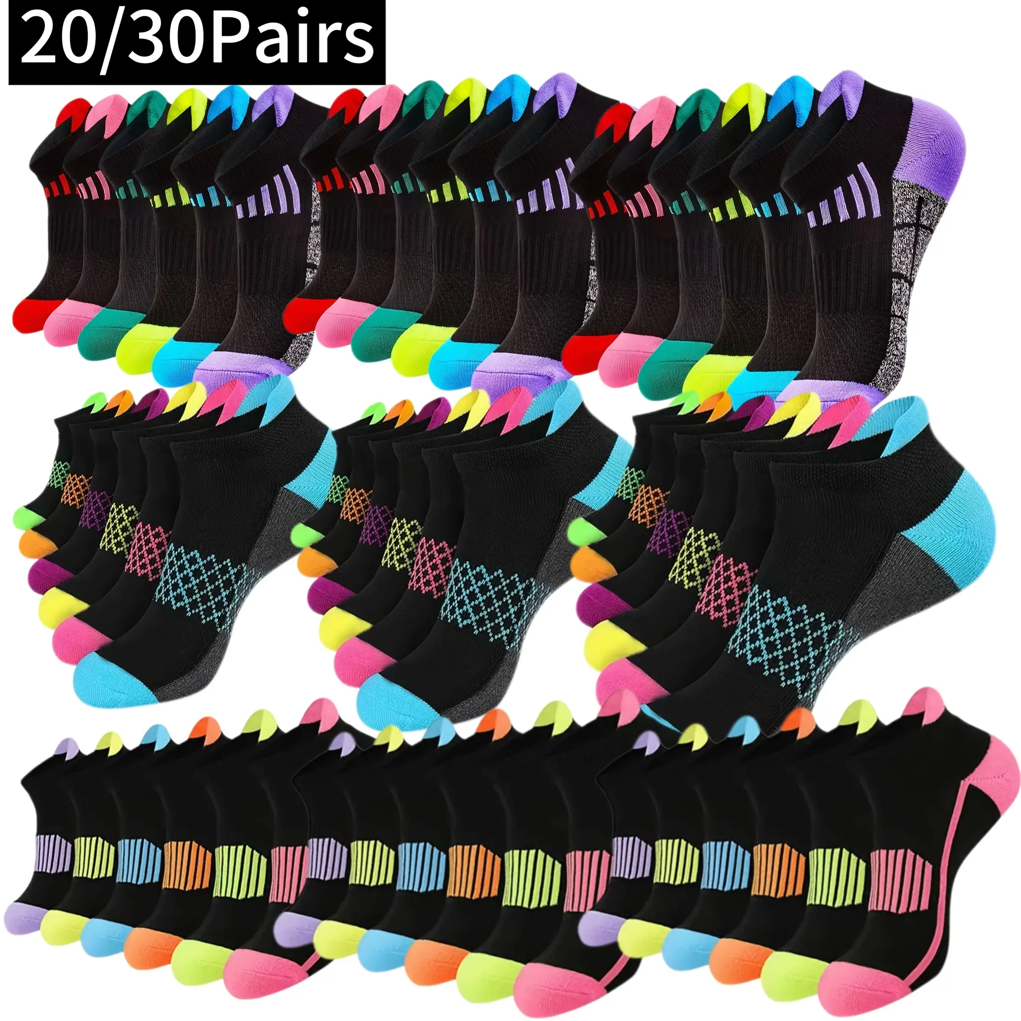 Men's Bulk Bow Character Breatheable Absorbing Plain Casual Lightweight Soft Elastic Durable All-Season Ankle Socks - 20-30 Pairs, Dark/Multi-Color, Suitable for Outdoor Sports, Running, Bow Ankle Socks, Character Ankle Socks