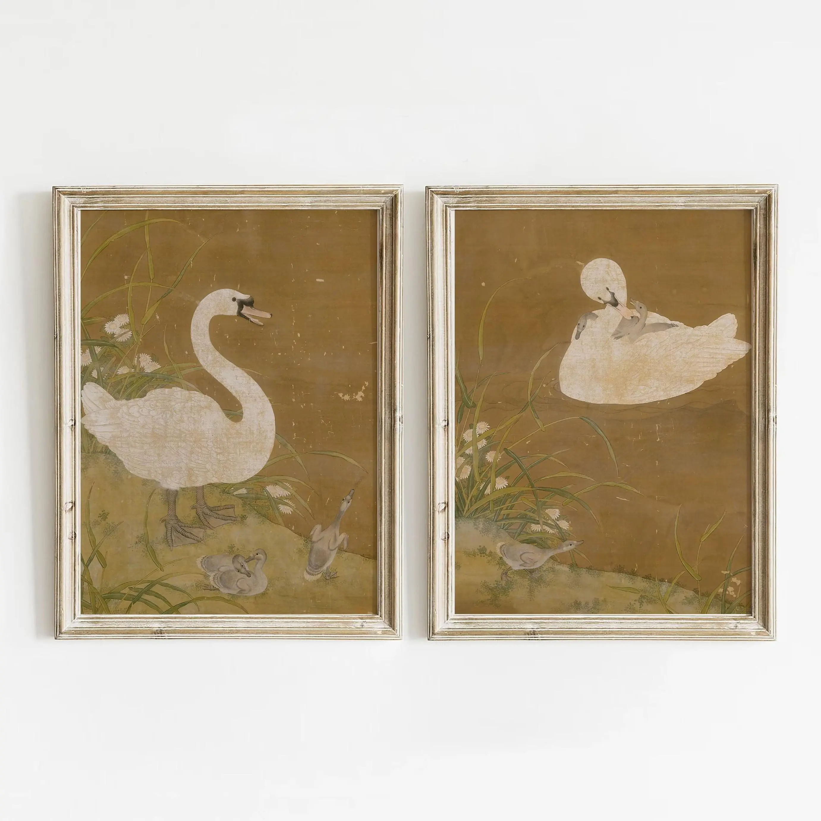 Swan Set of 2, Vintage Painting, Swan Nursery Wall Art
