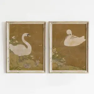 Swan Set of 2, Vintage Painting, Swan Nursery Wall Art