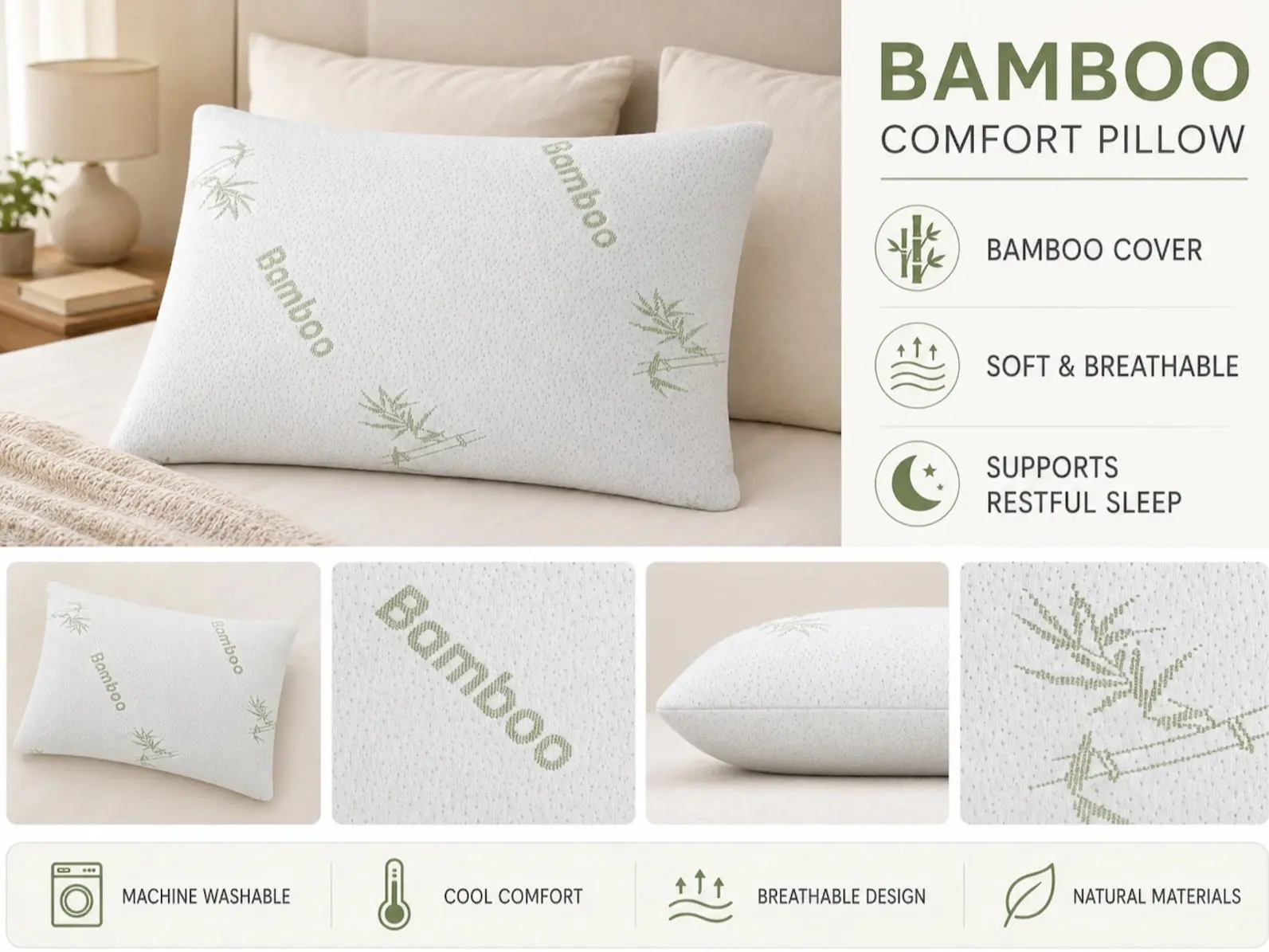 Bamboo Memory Foam Pillow Queen/King Soft Breathable Bed Support Pillows