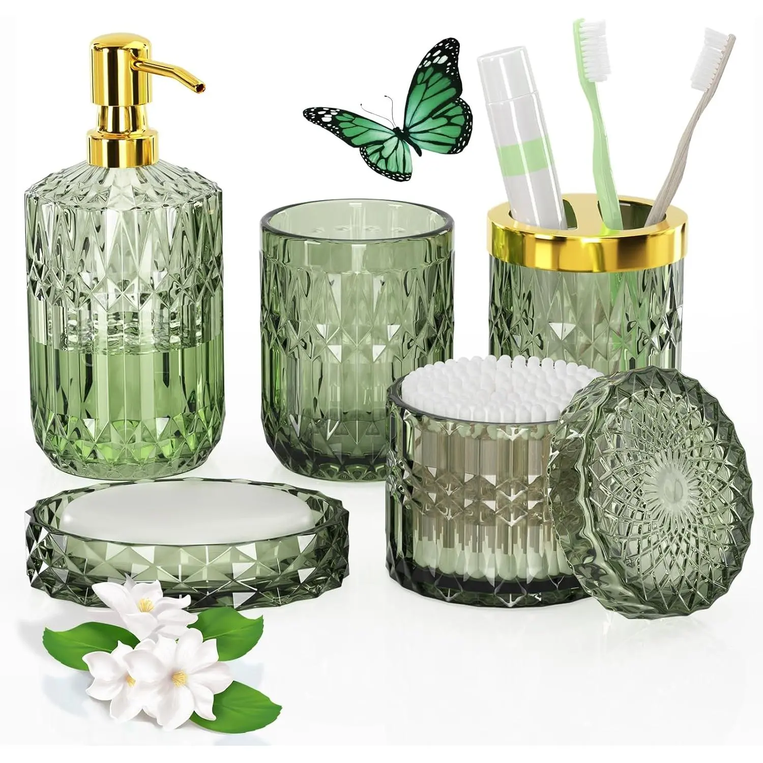 Bathroom Accessories Set, Gift for Women, 5 Pcs Clear Glass Bathroom Accessories Sets with Lotion Soap Dispenser, Soap Dish, Toothbrush Holder, Bathroom Tumbler, Cotton Swab Jars, Perfect for Bathroom Decor, Gift for Housewarming