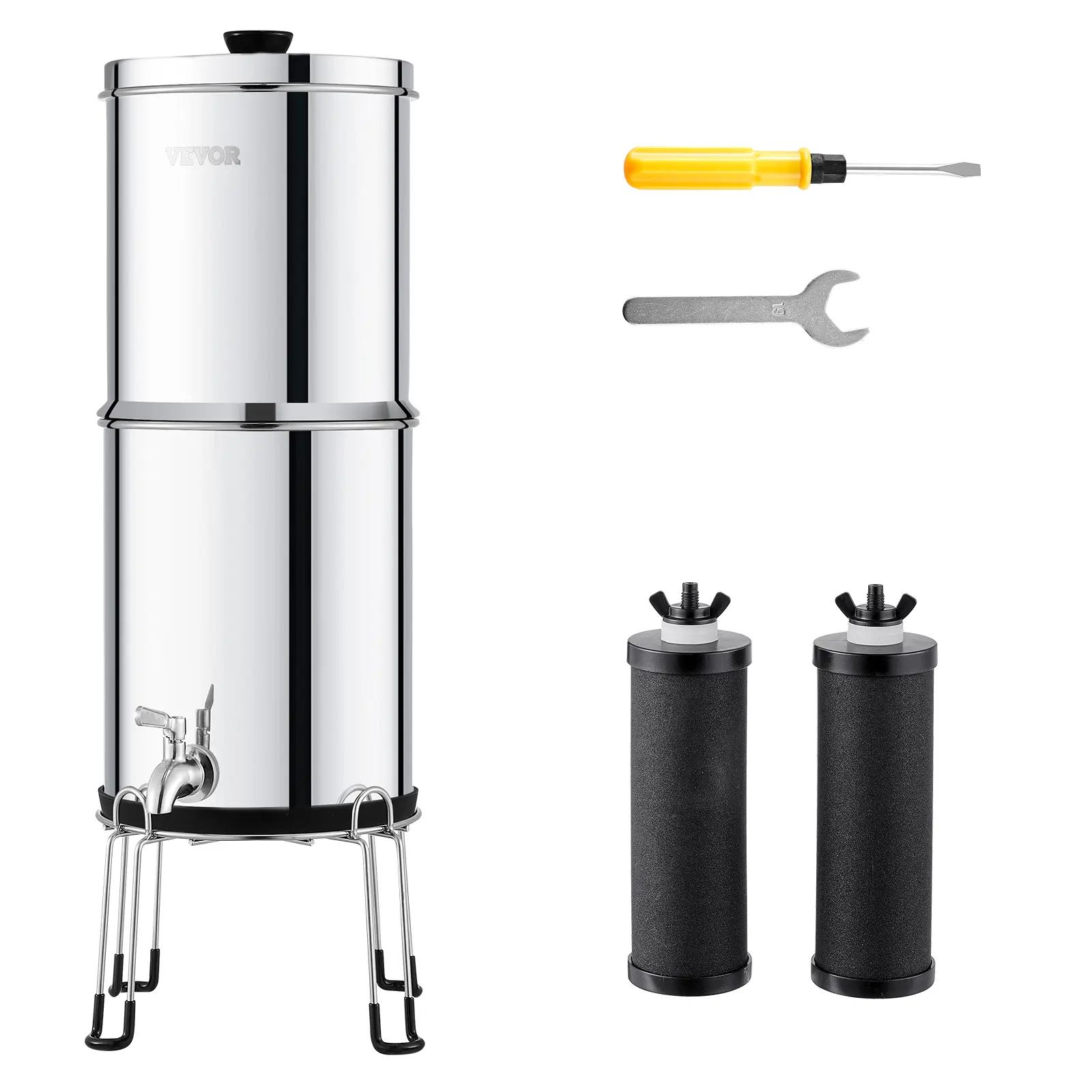 【BackToSchool】VEVOR Gravity-Fed Water Filter System, 2.25G 304 Stainless-Steel Countertop Model, Reduces Lead & 99% Chlorine, Includes 2 Carbon Filters, Spigot & Stand, for Home Camping, Countertop Water Purifier, Activated Carbon Filters