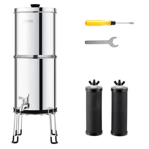 VEVOR Gravity-Fed Water Filter System, 2.25G 304 Stainless-Steel Countertop Model, Reduces Lead & 99% Chlorine, Includes 2 Carbon Filters, Spigot & Stand, for Home Camping