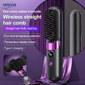 MREGB Cordless Hair Straightener Brush, Portable Wireless Thermal Brush & 2-In-1 Curling Iron Comb with Smart LED Display, USB Rechargeable Styling Tool with Adjustable Temperature, Anti-Scald Travel Gadget for Women