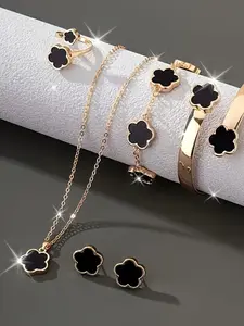 Flower Design Jewelry Set (6pcs), Including 1pc Necklace & 2pc Bracelet & 1pc Ring & 1 Pair Earring for Women & Girls, Simple Jewelry Set, Valentine's Day Gift