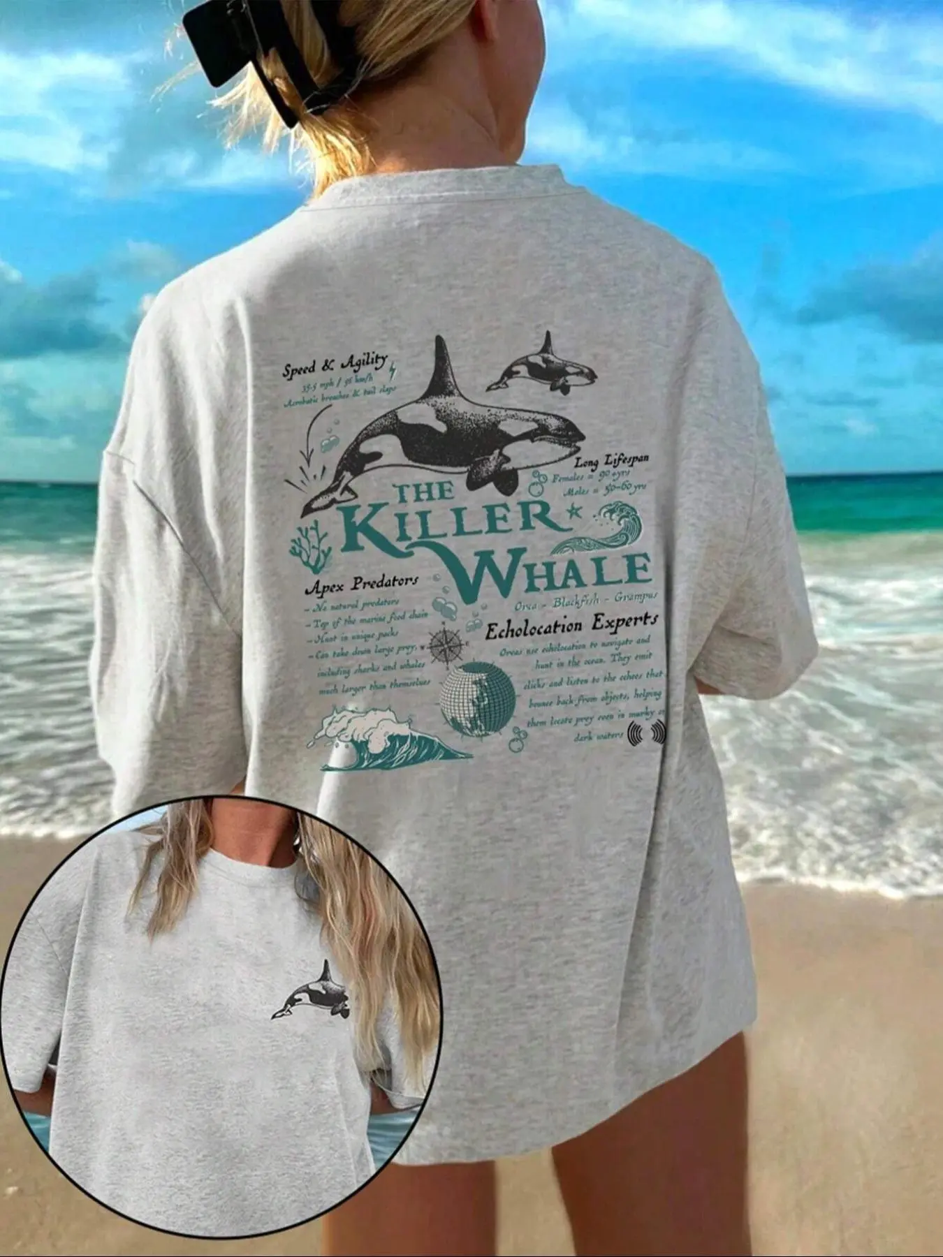 Women's Orca Whale & Letter Print Drop Shoulder Tee, Animal Graphic Tee, Casual Half Sleeve Round Neck T-shirt for Summer, Ladies Clothes for Beach Vacation, Top Animal