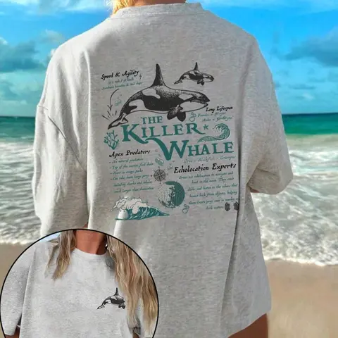 Women's Orca Whale & Letter Print Drop Shoulder Tee, Animal Graphic Tee, Casual Half Sleeve Round Neck T-shirt for Summer, Ladies Clothes for Beach Vacation, Top Animal