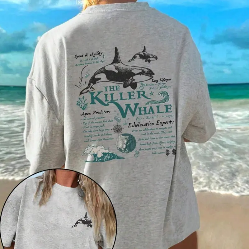 Women's Orca Whale & Letter Print Drop Shoulder Tee, Animal Graphic Tee, Casual Half Sleeve Round Neck T-shirt for Summer, Ladies Clothes for Beach Vacation, Top Animal