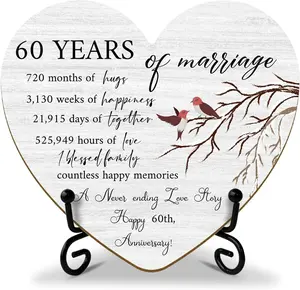 60 Years Gifts for 60th Anniversary Marriage Heart Keepsake Gift for Wedding Anniversary, Wooden Sign 60th Wedding Celebration Decorations Gifts for Husband Wife Couple Parent Women
