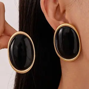 Elegant Metallic Black Ellipse Exaggerated Stud Earrings Royal-Style Costume Jewelry for Women Girls Weddings Parties Special Occasions