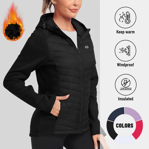 MoFiz Women's Fleece-Lined Softshell Puffer Jacket - Lightweight Insulated Hybrid Full-Zip Hooded Activewear with Zipper for Running, Hiking