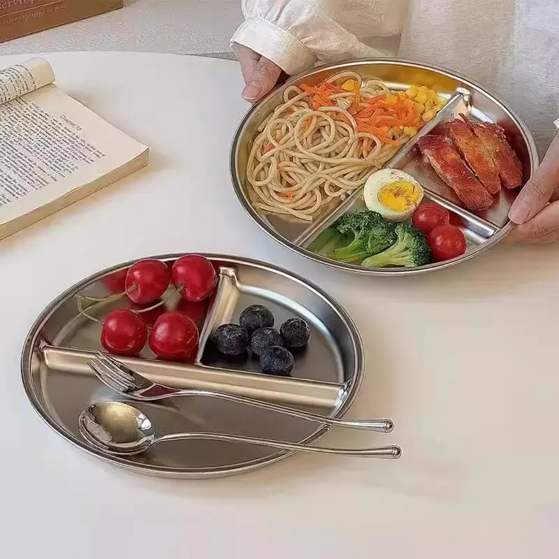 【4 Pack】304 Stainless Steel Plates, 4 Pack 304 Stainless Steel Divided Plates Stainless Steel Plate Portion Control Plates, Plates With Dividers Metal Plates For Camping, Picnic, Home,9"X 9"