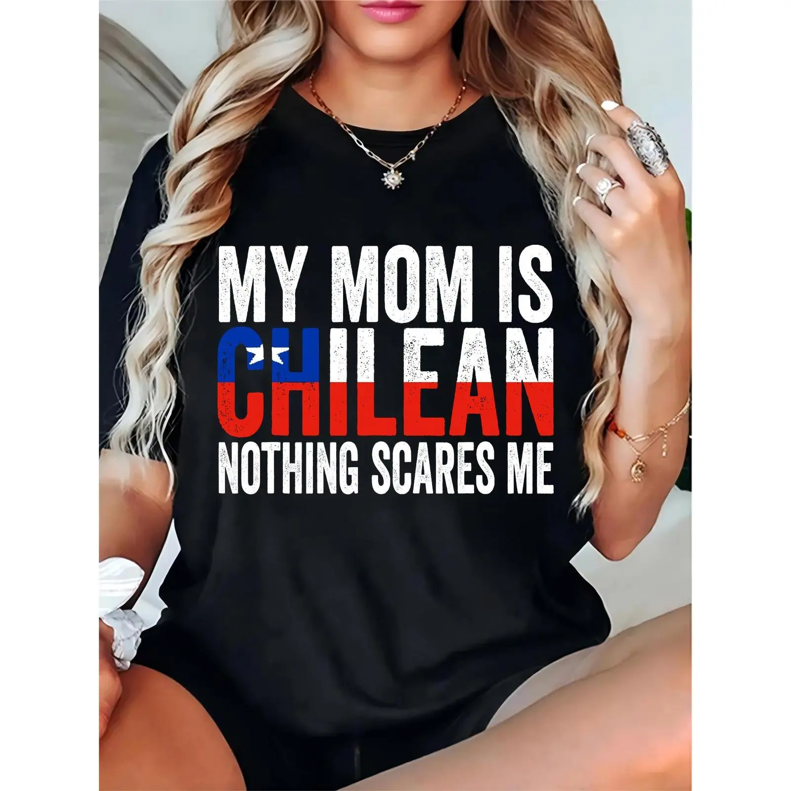 Women's "My Mom Is Chilean" T-Shirt, Chilean Flag Graphic, Casual Short Sleeve Tee for Heritage Pride, Daily Wear, Gift for Chilean Descendants