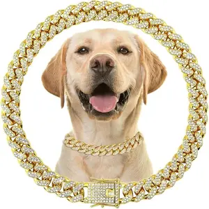 Gold Dog Chain Collars with Rhinestone,Sparkly Diamond Metal Cuban Link Dog Collars, Bling Glitter Dog Necklace for Small Medium Large Pet Dogs Cat