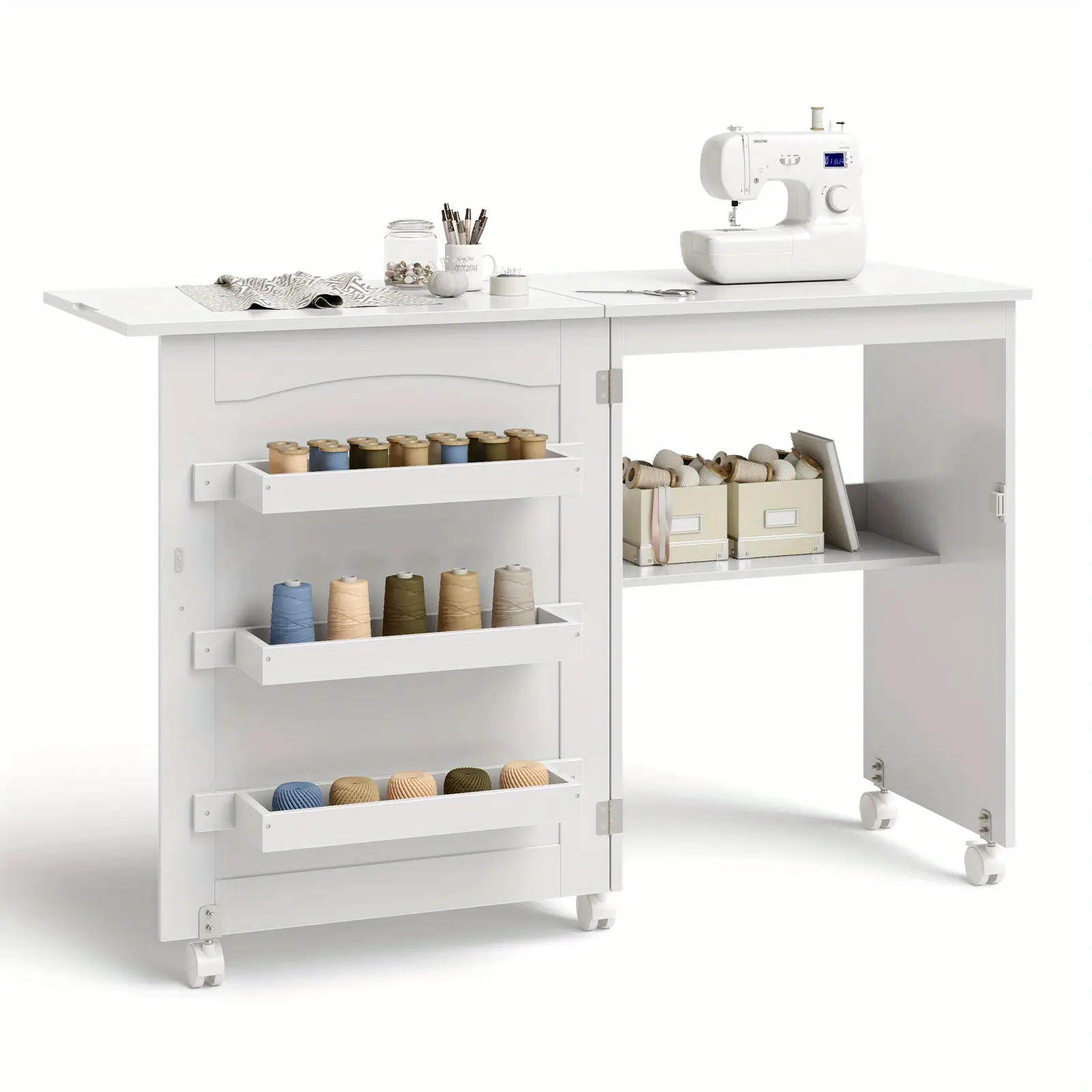 New LIFEZEAL Folding Sewing Craft Table Shelves Storage Cabinet Home Furniture with Wheel
