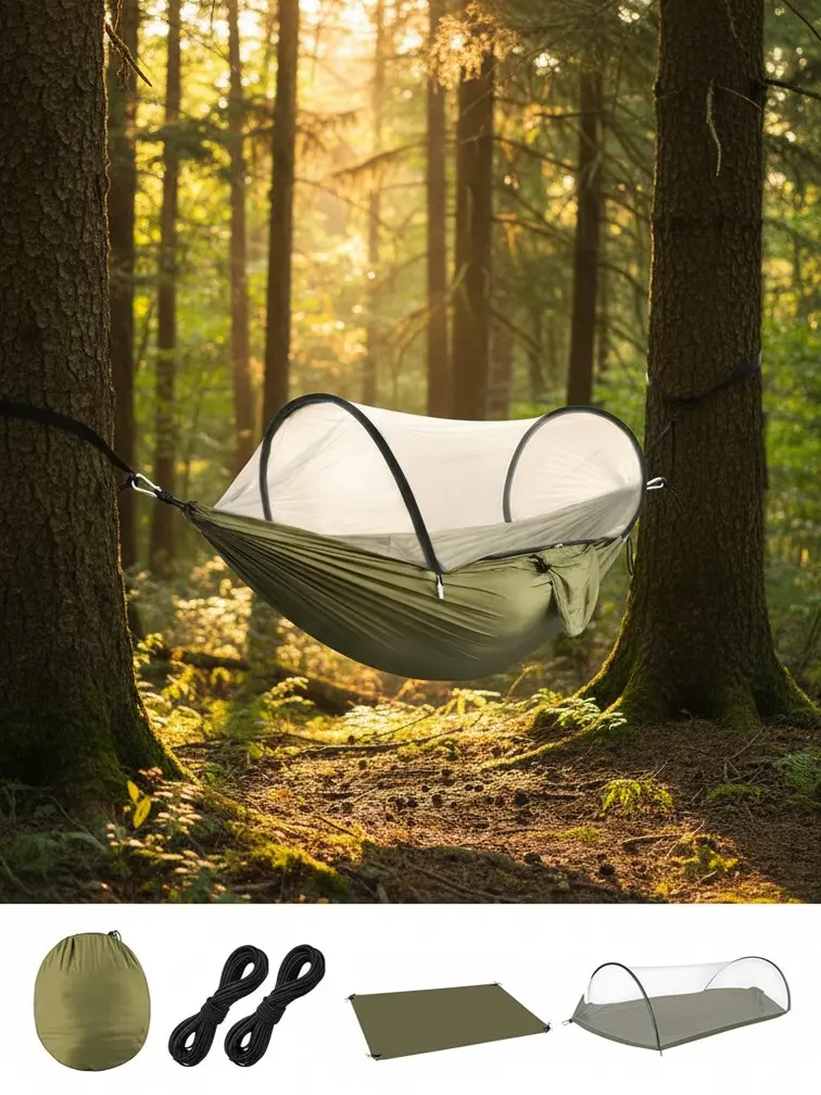 3-in-1 Portable Convertible Camping Hammock with Mosquito Net & Ground Tent, 440 LBS Max Load Lightweight Nylon Hammock for Backpacking, Hiking, Outdoor Use