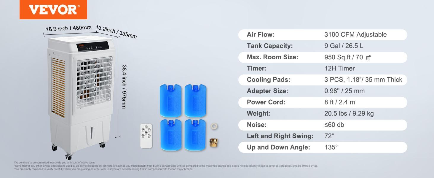 VEVOR Evaporative Air Cooler, TikTokShopBlackFriday, 3100 CFM, 135° Oscillating Swamp Cooler with Adjustable 3 Speeds and 12 H Timer, 9 Gal Portable Air Cooler for 950 Sq.ft, Indoor/Outdoor Use