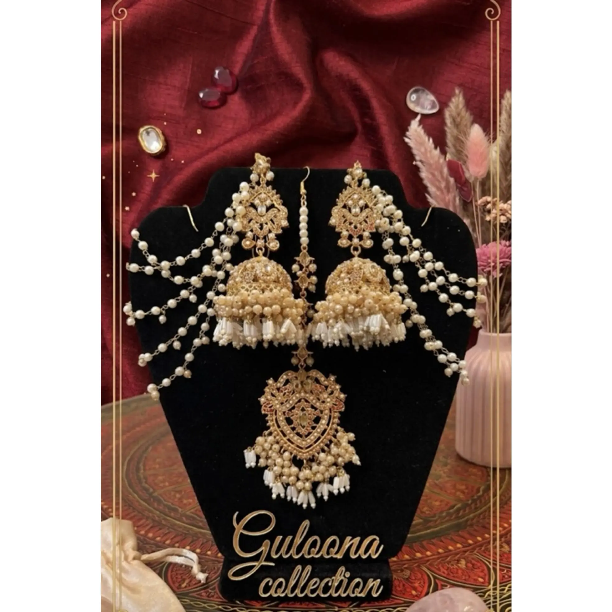 Guloona Collection Beautiful Jhumka Earrings with Saharas and Over Size Tikka for Elegant Occasions