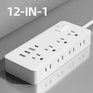 Compact Desk Charging Station with 3 USB Chargers (1 USB-C), 8 Ac Outlets, Wall-Mountable Multifunctional Power Strip, 5/10 Feet Flat Extension Cord for Office, School, and Dorm Use