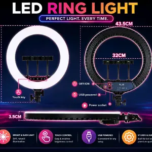 Photography 18" Ring Light LED Large Selfie Video Kit with Remote Control Touchpad Tripod Stand Phone Clip for YouTube Live Streaming Lighting Photo Studio Videography Equipment