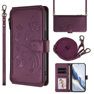 Butterfly Love Flower, Floral Embossed Design Flip Leather Zipper Crossarm Straw Multi slot Suitable for Apple Phone Case Cover iPhone 17 16 15 14 13 12 11 Pro Max Plus Women's Multi functional Zero Wallet Shock resistant Protection Case Holiday Gift