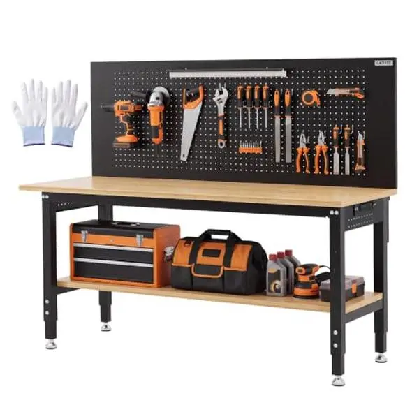 60 * 22 Garage Work Bench with Storage, Pegboard & Power Strip 2000 lbs Heavy Duty Adjustable Workbench, LED Light & ETL Outlets For Garage Workshop,Rubberwood Top,a pair of gloves